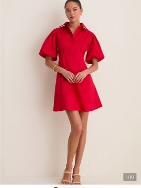 Tuckernuck Red Collared Midi Dress with Short Puff Sleeves